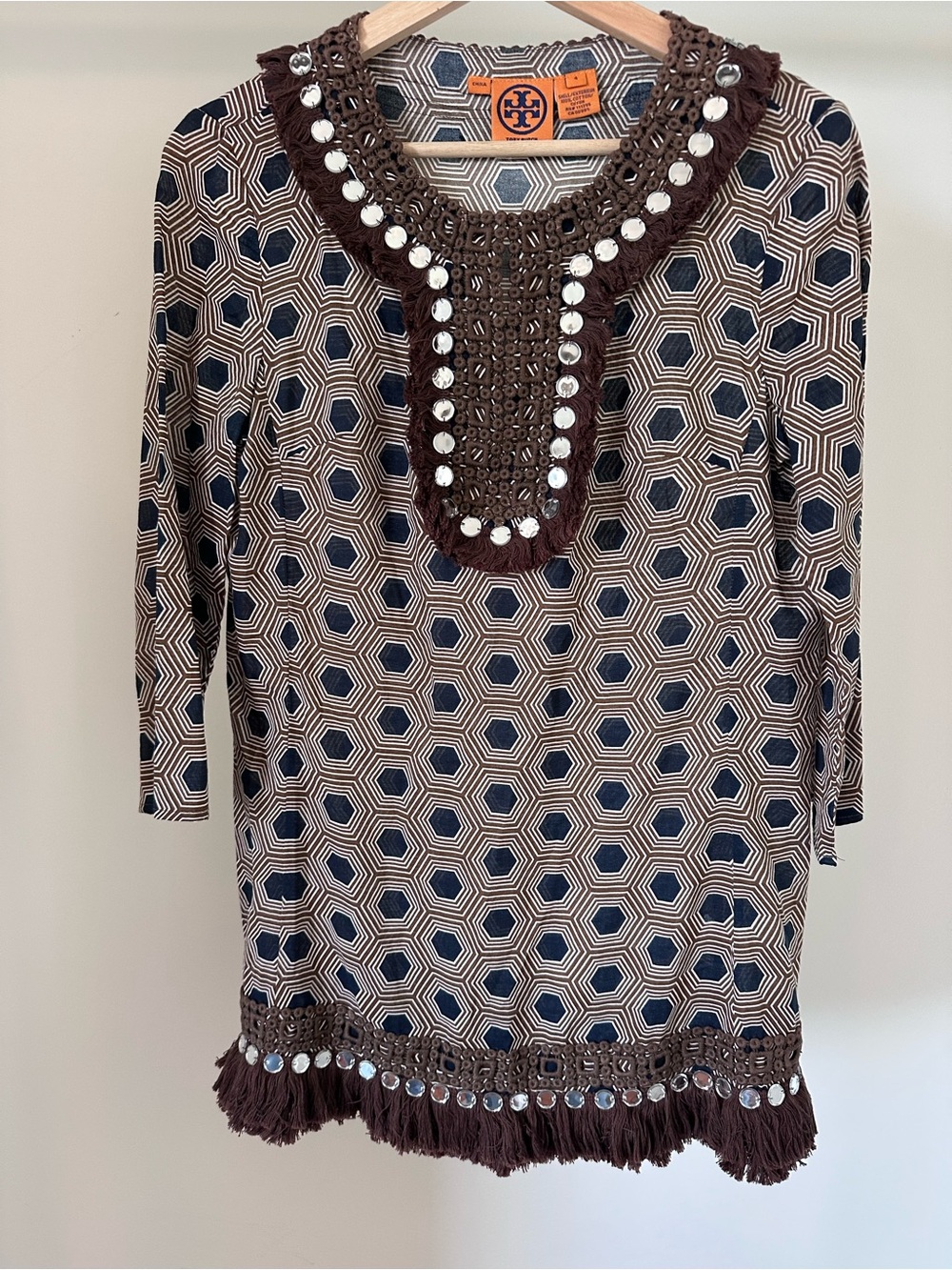Tory Burch Geometric Tunic with Embellished Fringe‎ size 4